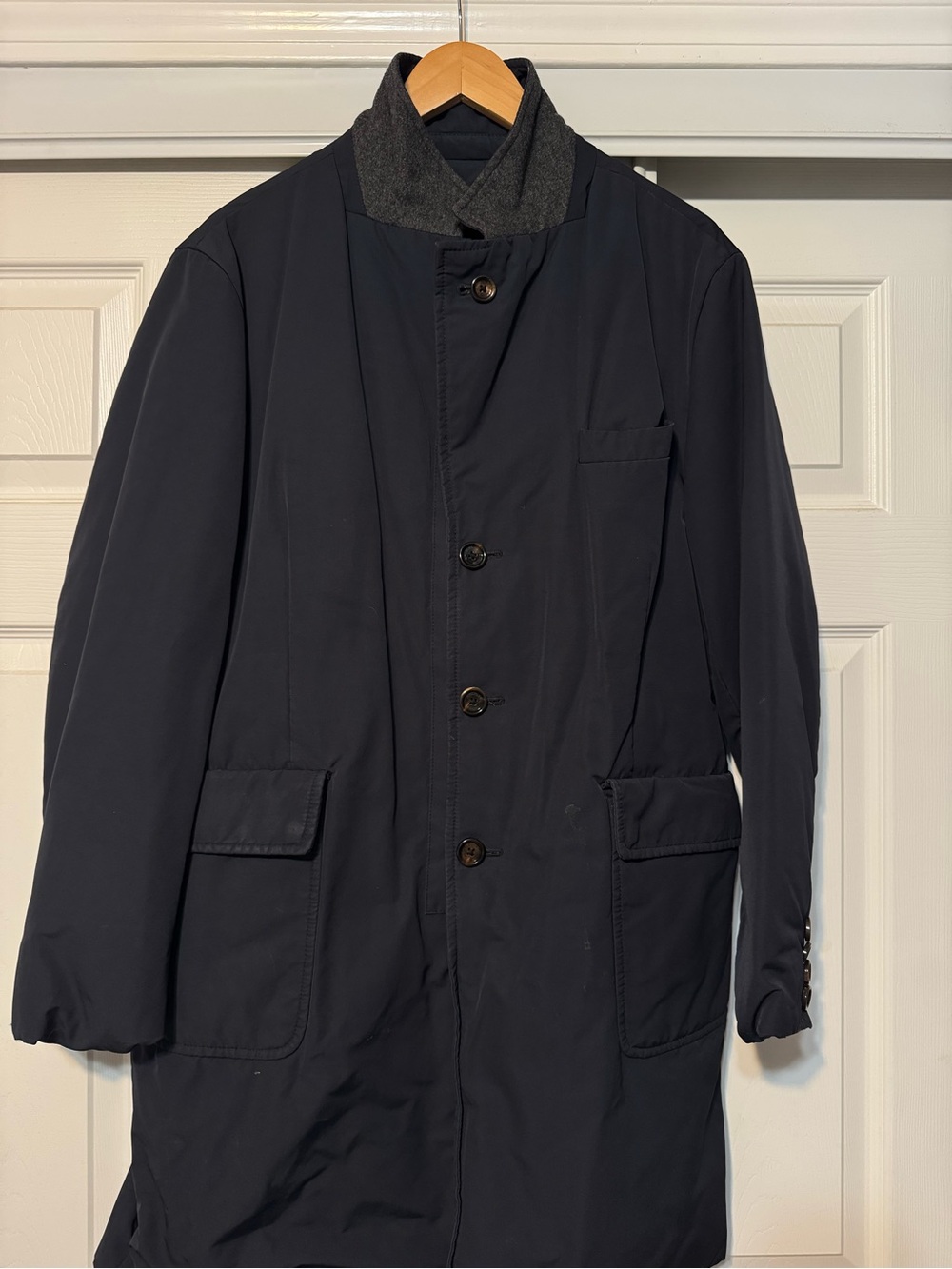 Moncler Navy Trench Coat with Contrast Knit Collar